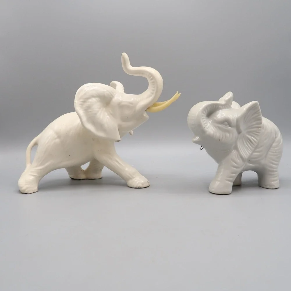 2 White Ceramic Elephant Figurine Trunk Up Tusks 6in & 4in Lot of 2 set